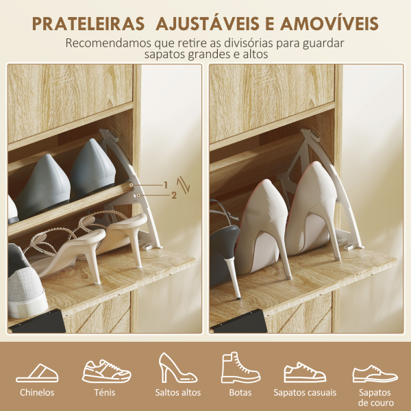 HOMCOM Sapateira Estreita com 2 Portas Gaveta e Prateleiras Ajustáveis para 8 Pares de Sapatos 60x24x105,5 cm Madeira - Image 5