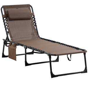 Outsunny Espreguiçadeira Dobrável de Jardim com Encosto Ajustável Apoio para Cabeça Acolchoado Bolso Lateral 185x58x30 cm Marrom