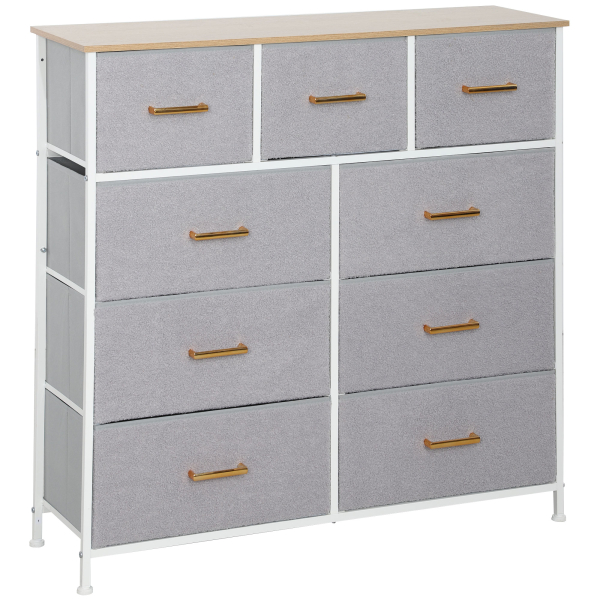 HOMCOM Cómoda com 9 Gavetas Estofada em Borreguito Cómoda de Tela com Estrutura de Aço Cómoda para Dormitório 100x30x99 cm Cinzento