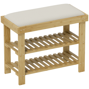 HOMCOM Banco Sapateira de Bambu Sapateira com Assento Almofadado 2 Prateleiras para 6 Pares de Sapatos 60x29x49 cm Madeira e Creme