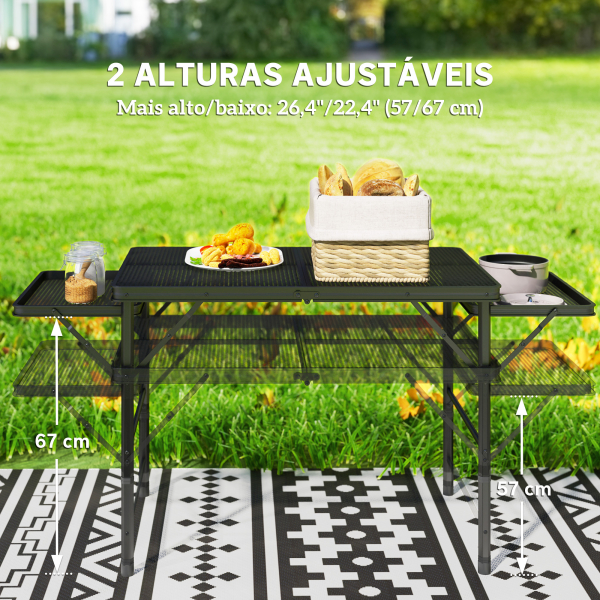 Outsunny Mesa Dobrável Campismo de Alumínio 137x62x67 cm com Laterais Abatíveis Altura Ajustável Bancada Metálica de Grade Preto - Image 5