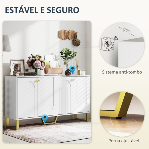 HOMCOM Aparador Moderno para Sala de Estar com Prateleiras Ajustáveis e Pés Dourados Móvel para TV até 65 Polegadas 140,8x35x77,5 cm Branco - Image 7