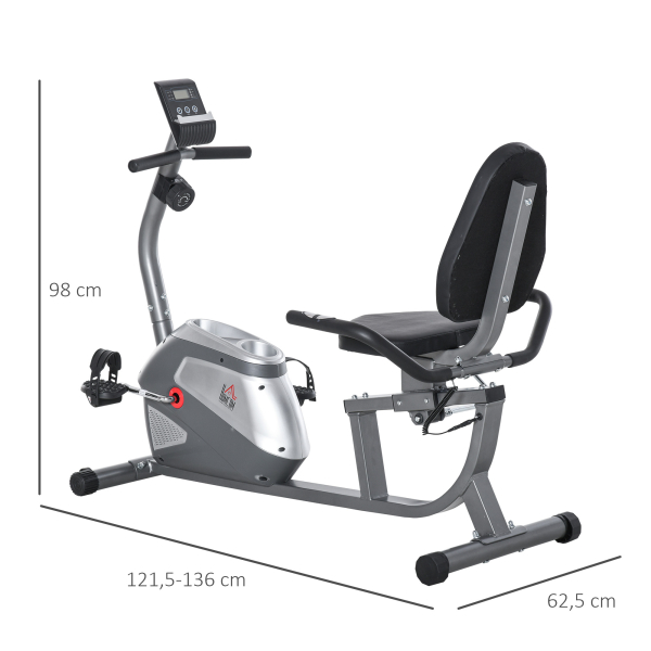 HOMCOM Bicicleta ergométrica reclinável com tela LCD e volante de 3 kg resistência magnética de 8 níveis assento ajustável 121,5-136x62,5x98 cm Cinza - Image 3