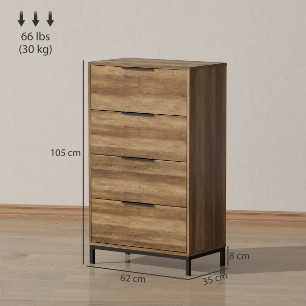 HOMCOM Cómoda de 4 Gavetas Cómoda para Dormitório Alta com Puxadores Metálicos Cómoda Estreita para 62x35x105 cm Castanho Rústico - Image 3