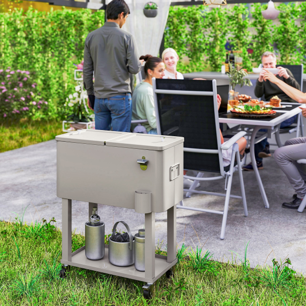 Outsunny Carrinho Refrigerador de Bebidas de 56L com Rodas Abridor de Garrafas e Prateleira para Pátio Festas 67x35x80 cm Cinzento Claro - Image 2