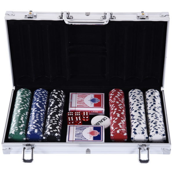 HOMCOM Mala de Poker Profissional com 300 Fichas Jogo de Poker com Mala de Alumínio 5 Dados 2 Baralhos de Cartas e 1 Ficha de Dealer 38x20,5x6,5cm Multicor