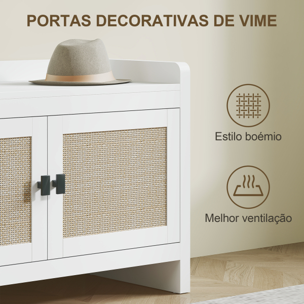 HOMCOM Banco Sapateira com Portas Frentes de Vime Prateleira para 8 Pares de Sapatos para Entrada Dormitório 80x35x52 cm Branco - Image 4