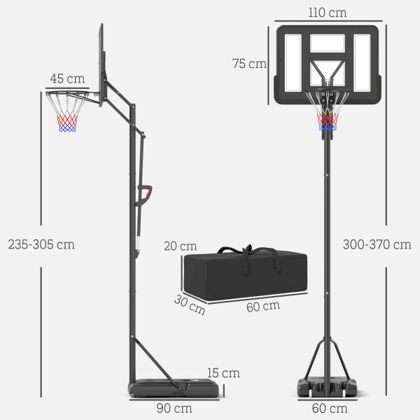 SPORTNOW Tabela de Basquetebol de Exterior com Altura Ajustável Suporte Rodas Base Recarregável e Bolsa de Peso 90x60x305 cm Preto - Image 3