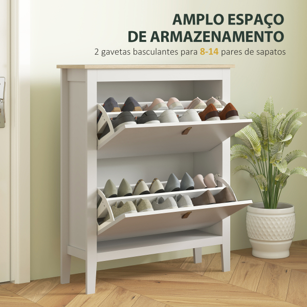 HOMCOM Sapateira Estreita com 2 Gavetas Prateleiras Ajustáveis e Puxadores em PU para 14 Pares de Sapatos 80x24x95,5 cm Branco - Image 4