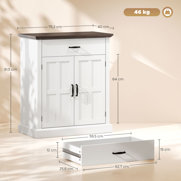 HOMCOM Aparador para Sala de Estar Estilo Rústico com 1 Gaveta Prateleira Ajustável 75,2x40x91,5 cm Branco e Madeira - Image 3