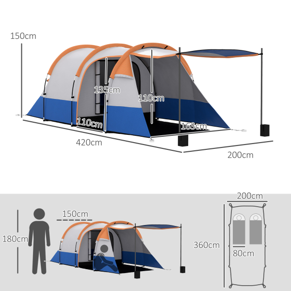 Outsunny Tenda de Campismo Familiar para 2-3 Pessoas com 2 Áreas e Bolsa de Transporte Impermeável 420x200x150 cm Cinza e Laranja - Image 3