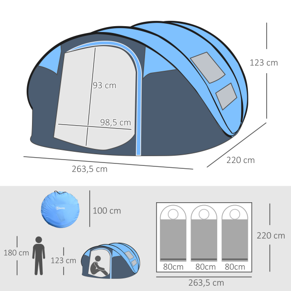 Outsunny Tenda de Campismo Pop-up para 4-5 Pessoas Tenda de Campismo Instantânea com Janelas Impermeável Anti-UV 263,5x220x123 cm Azul - Image 3