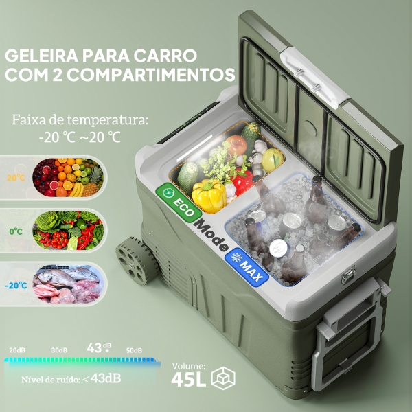 Outsunny Geleira Portátil Elétrica 45L Geleira de Carro -20℃ a +20℃ 12V/24V com Rodas Compressor e Ecrã LED 64,5x43,5x53 cm Verde - Image 4