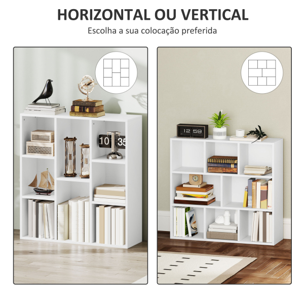 HOMCOM Estante de 3 Níveis Estante para Livros com 8 Compartimentos Desenho Vertical ou Horizontal 74,3x24x80 cm Branco - Image 5