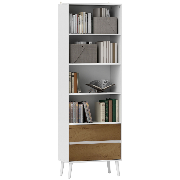 HOMCOM Estante para Livros de 6 Níveis com 2 Gavetas e 4 Prateleiras Abertas para Sala de Estar Escritório  60x30x179 cm Branco - Image 9