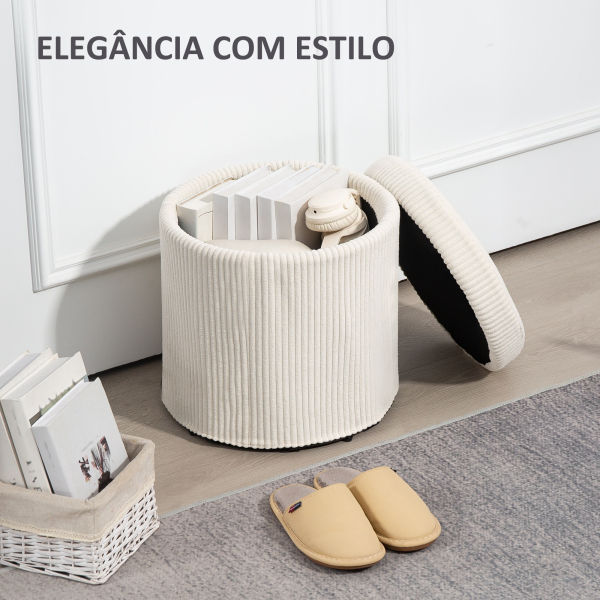 HOMCOM Puff de Arrumação Baú de Arrumação Redondo Estofado em Veludo Cotelê  Tampa Removível Ø40x41 cm Creme - Image 4