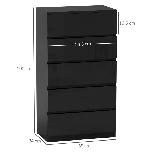 HOMCOM Cómoda com 5 Gavetas de Madeira Cómoda de Dormitório Cómoda Branca para Sala de Estar Estilo Moderno 55x34x100 cm Preto - Image 3