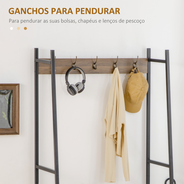 HOMCOM Móvel Cabide de Entrada com Sapateiro Banco 5 Ganchos Armário e Prateleira Aberta 84x40x169cm Marrom Rústico - Image 5