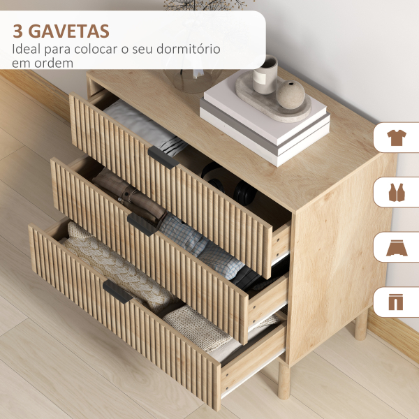 HOMCOM Cómoda com 3 Gavetas Cómoda Dormitório Estilo Nórdico com Painéis Ripados e Puxadores Metálicos 80x40x77,5 cm Madeira - Image 5