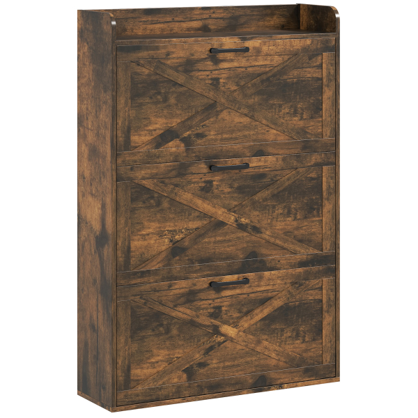 HOMCOM Sapateira de 3 Portas com Prateleiras Ajustáveis Estilo Industrial para 24 Pares de Sapatos 80x24x118 cm Castanho Rústico