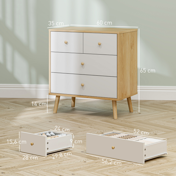 HOMCOM Cômoda de 4 Gavetas com Puxadores de Madeira Cómoda Estreita para Sala Corredor 60x35x65 cm Madeira e Branco - Image 3