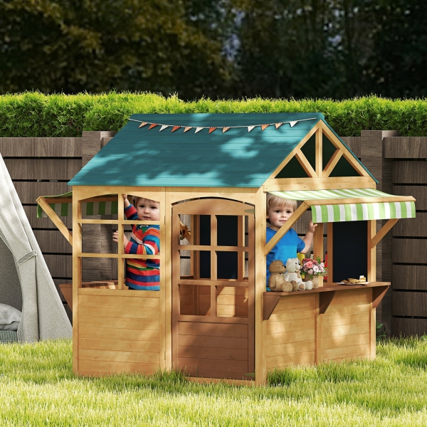 AIYAPLAY Casinha Infantil de Madeira Dobrável Casinha de Brincar com 2 Ardósias Janelas e Toldos Casinha de Madeira para Crianças 173x117x144 cm Madeira - Image 2