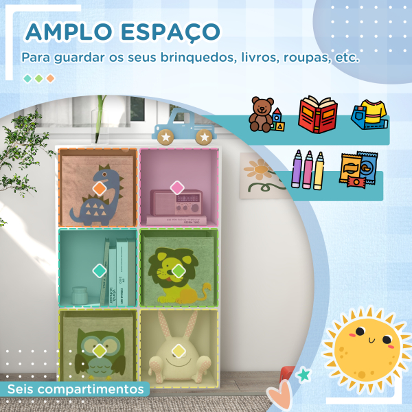 ZONEKIZ Estante para Brinquedos com 6 Compartimentos e 3 Caixas de Tecido não Tecido e Desenho de Animais 61,8x29,9x91,5 cm Branco e Cinza - Image 6