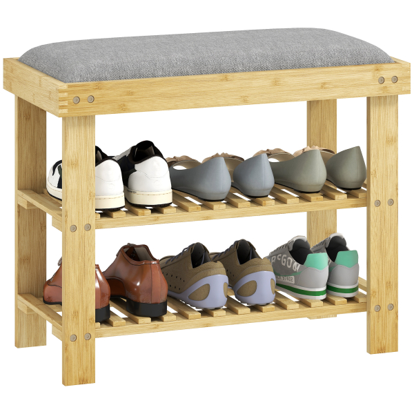HOMCOM Banco Sapateira de Bambu Sapateira com Assento Almofadado 2 Prateleiras para 6 Pares de Sapatos 60x29x49 cm Madeira e Cinzento - Image 9