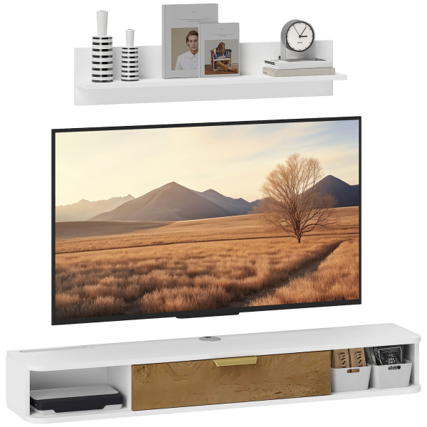 HOMCOM Móvel de TV Sala de Estar com Prateleira de Parede Armário Orifícios para Cabos para Televisão de Parede 120x24x16 cm Branco - Image 9