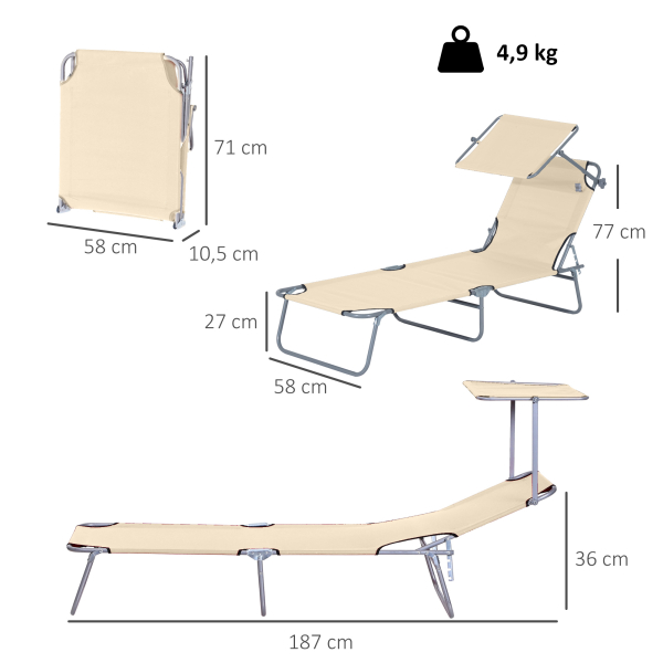 Outsunny Espreguiçadeira de Jardim Dobrável com Toldo Removível e Ajustável  e Encosto Ajustável 187x58x36 cm Bege - Image 3