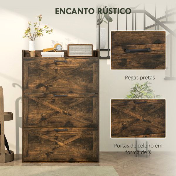 HOMCOM Sapateira de 3 Portas com Prateleiras Ajustáveis Estilo Industrial para 24 Pares de Sapatos 80x24x118 cm Castanho Rústico - Image 6