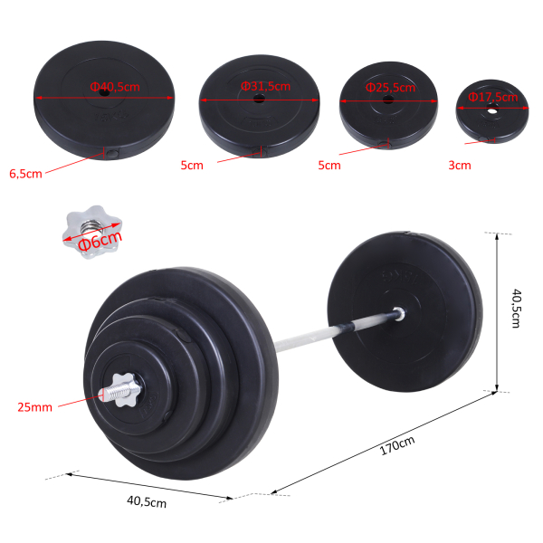 HOMCOM Barra de Pesos 70 kg Ajustáveis com 8 Discos de 1,5kg 5kg 10kg 15kg e 1 Barra para Treino de Força 170x40,5x40,5 cm Preto - Image 3