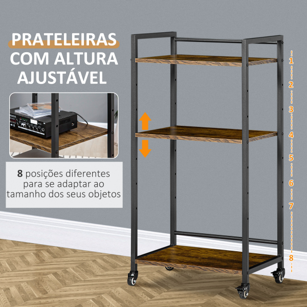 HOMCOM Estante Multifuncional com Rodas Estante de Armazenamento de 3 Níveis com Prateleiras Ajustáveis para Escritório Estúdio Dormitório 50x35x100,5cm Marrom Rústico - Image 6