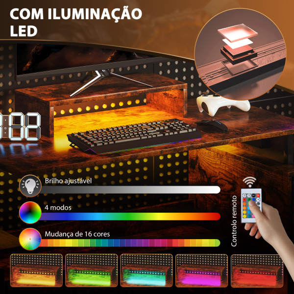 HOMCOM Secretária Estilo Industrial com Luzes LED Estação de Carga Suporte para Monitor Controlo Remoto 142x50x126,5 cm Castanho Rústico - Image 6