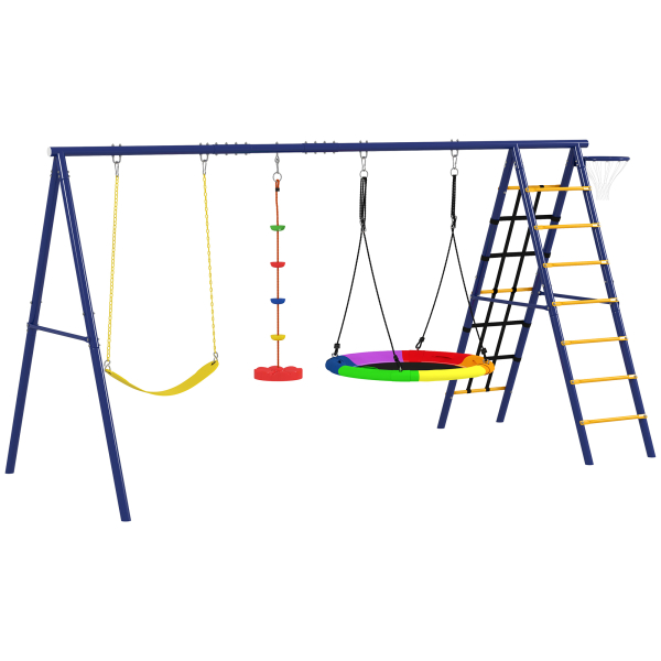 AIYAPLAY Baloiços para Crianças 6 em 1 com Baloiço Ninho Corda com Disco Rede para Escalar Escada e Aro de Basquetebol 350x183x200 cm Multicor
