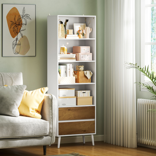 HOMCOM Estante para Livros de 6 Níveis com 2 Gavetas e 4 Prateleiras Abertas para Sala de Estar Escritório  60x30x179 cm Branco - Image 7