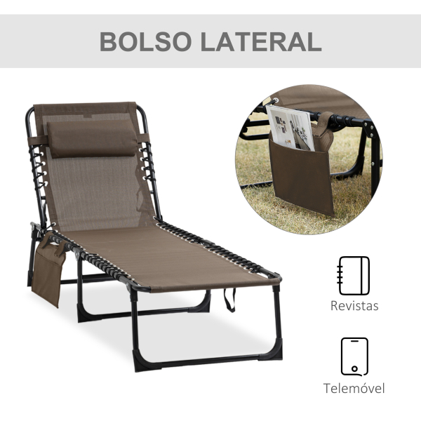 Outsunny Espreguiçadeira Dobrável de Jardim com Encosto Ajustável Apoio para Cabeça Acolchoado Bolso Lateral 185x58x30 cm Marrom - Image 7