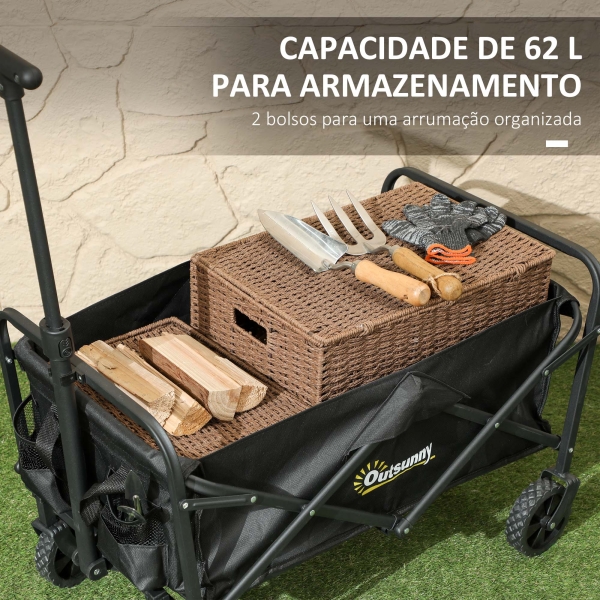 Outsunny Carrinho de Transporte com Rodas Carrinho de Jardim Dobrável com Pega Telescópica Ajustável 2 Bolsas de Arrumação 64x42x27 cm Preto - Image 4