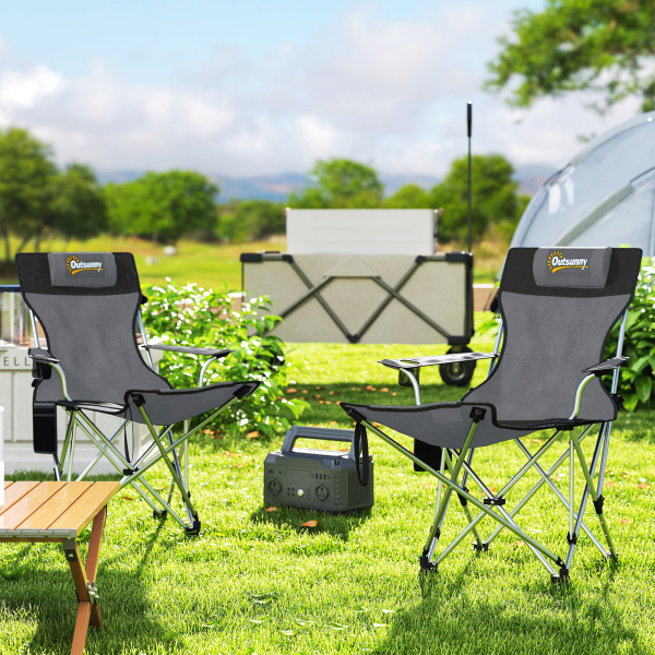 Outsunny Conjunto de 2 Cadeiras Dobráveis Campismo com Apoio para a Cabeça Porta-Copos e Bolsa Lateral 50-100x82x88 cm Cinza e Preto - Image 2