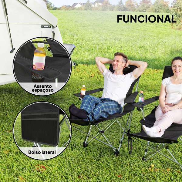 Outsunny Conjunto de 2 Cadeiras Dobráveis Campismo com Apoio para a Cabeça Porta-Copos e Bolsa Lateral 50-100x82x88 cm Preto - Image 5