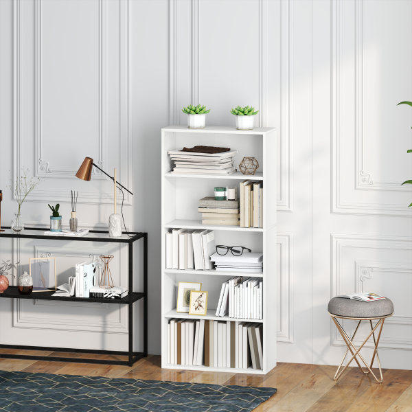 HOMCOM Estante de 5 Níveis Estante para Livros com 2 Prateleiras Ajustáveis para Sala de Estar Escritório Quarto 60x24x133,5 cm Branco - Image 7