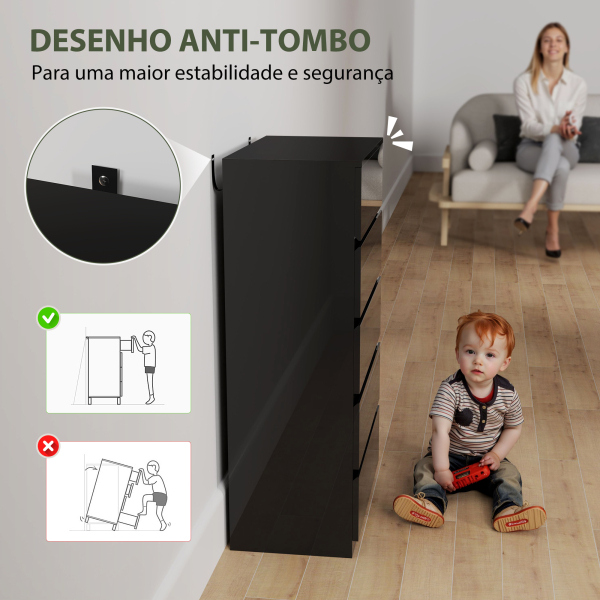 HOMCOM Cómoda com 5 Gavetas de Madeira Cómoda de Dormitório Cómoda Branca para Sala de Estar Estilo Moderno 55x34x100 cm Preto - Image 6