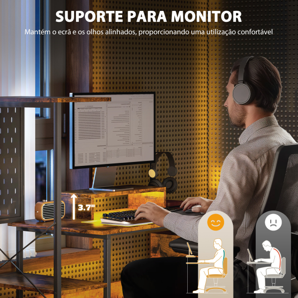 HOMCOM Secretária Estilo Industrial com Luzes LED Estação de Carga Suporte para Monitor Controlo Remoto 142x50x126,5 cm Castanho Rústico - Image 7