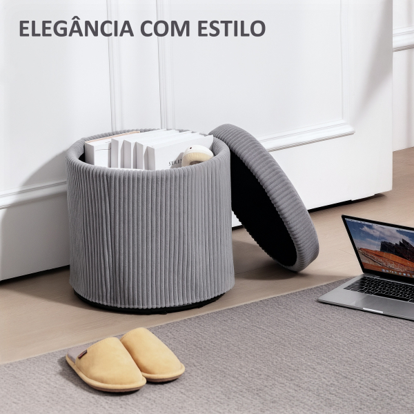 HOMCOM Puff de Arrumação Baú de Arrumação Redondo Estofado em Veludo Cotelê  Tampa Removível Ø40x41 cm Cinza Claro - Image 4