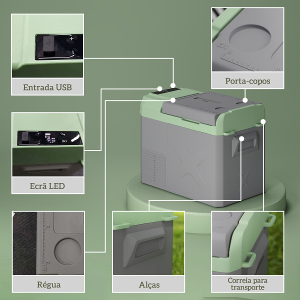 Outsunny Geleira Portátil Elétrica 24,2L -20℃ a +20 ℃ 12V/24V Mini Geleira com Rodas Compressor e Ecrã LED Tátil 60,2x33,4x41,4 cm Cinza e Verde - Image 9