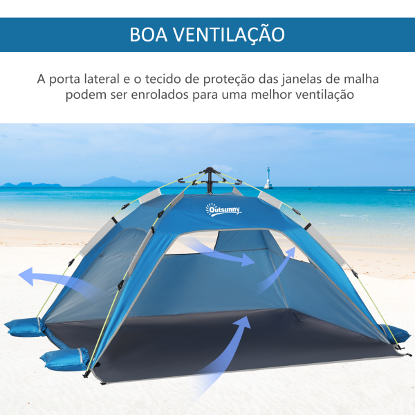 Outsunny Tenda de Praia Dobrável Tenda de Praia Pop-up 1-2 Pessoas com 2 Portas 2 Janelas e Bolsa de Transporte 220x173x120 cm Azul - Image 5