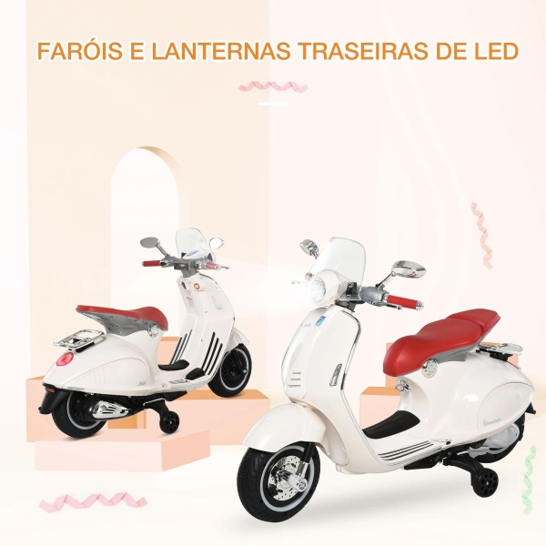 HOMCOM Mota Elétrica Vespa com Faróis Música 2 Rodas Auxiliares para Crianças acima de 3 Anos 108x49x75 cm Branco - Image 4