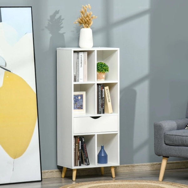 HOMCOM Estante para Livros com 6 Compartimentos Abertos 1 Gaveta e Pés de Madeira para Armazenamento de Brinquedos CDs Plantas 50x29,5x120cm Branco - Image 2