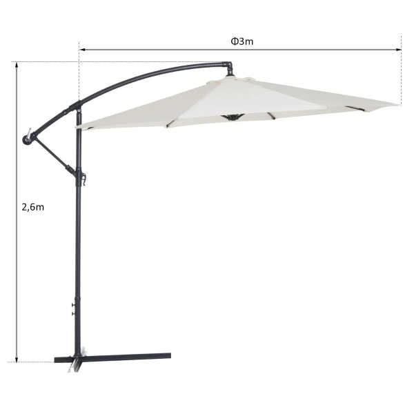 Outsunny Chapéu de Sol de Jardim Ø300x260cm Chapéu de Sol Excêntrico Inclinável com Manivela Base Cruzada e Suporte de Metal 8 Hastes para Terraço Exterior Balcão Creme - Image 3