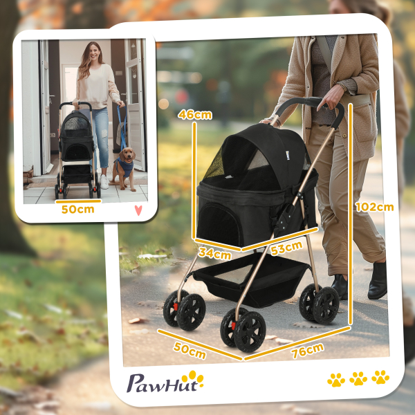 PawHut Carrinho para Cães Dobrável 3 em 1 Carrinho para Cães Miniatura com Cesta de Armazenamento Janela de Malha 76x50x102 cm Preto - Image 3